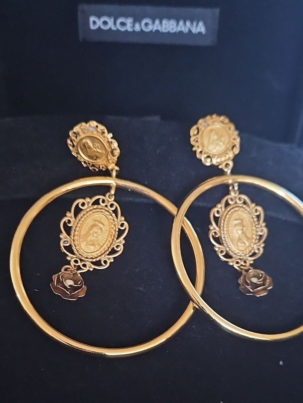 Dolce & Gabbana Gold Hoop Earrings with Filigree Medallions and Rose Drops